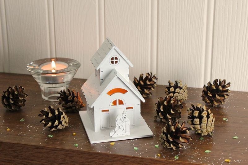 Small Wooden Church-House With 1 Warm White LED