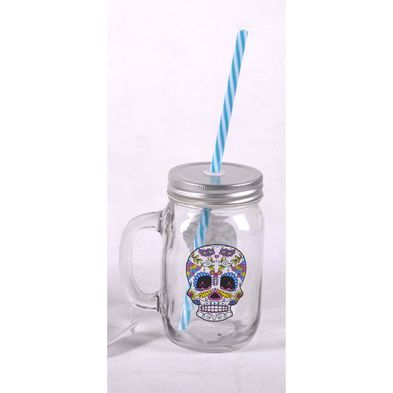 See more information about the Printed Mason Jar with Straw - Blue