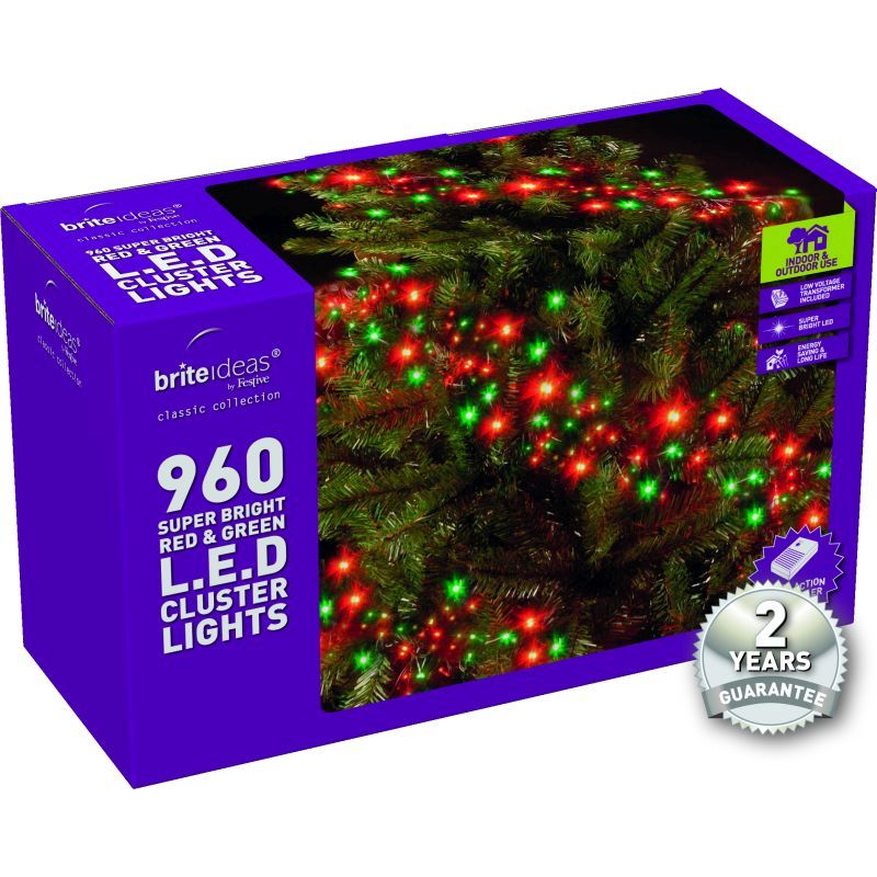 960 Cluster Red/Green LED Christmas lights with a 2 year Guarantee.