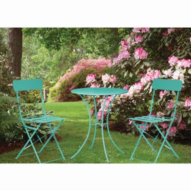 See more information about the Primrose Folding Metal Bistro Set Furniture (Teal)