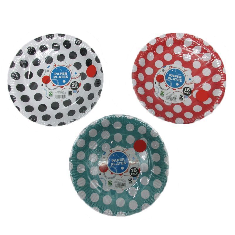 16 Pack of Paper Plates - Blue with White Spots