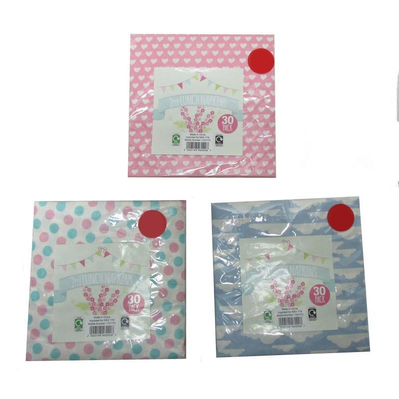 30 Pack of Lunch Napkins - Pink with White Hearts