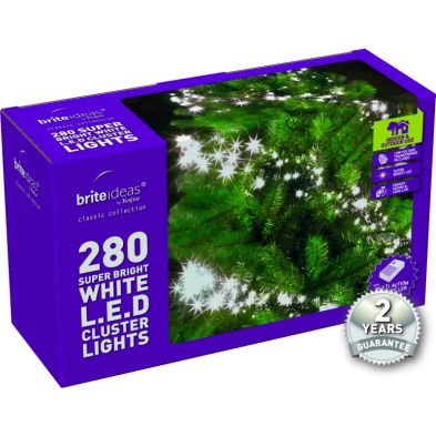 See more information about the 280 Cluster Bright White LED Christmas lights with a 2 year Guarantee.