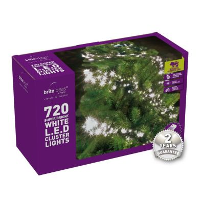 See more information about the 720 Cluster Bright White LED Christmas lights with a 2 year Guarantee.