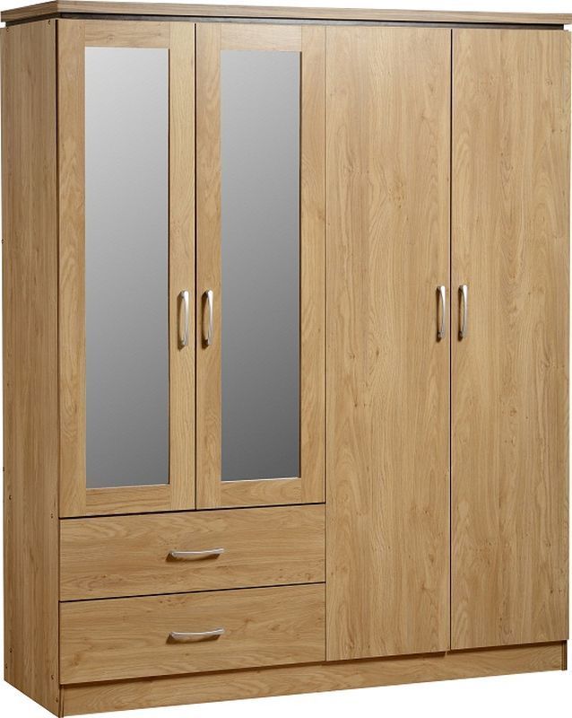 Charles Mirrored Wardrobe (4 Door 2 Drawer) - OAK VENEER/WALNUT TRIM