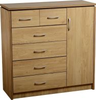 See more information about the Charles 1 Door 6 Drawer Chest - OAK VENEER/WALNUT TRIM