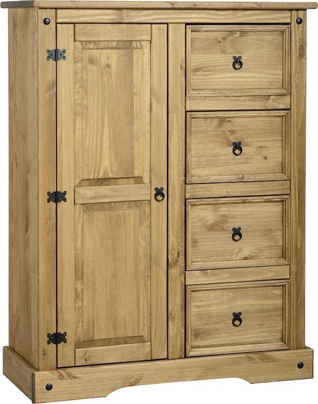 Corona 1 Door 4 Drawer Low Wardrobe - DISTRESSED WAXED PINE