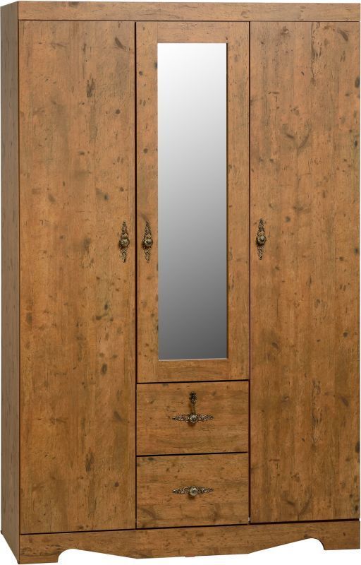 Cairo Mirrored Wardrobe (3 Door 2 Drawer) - DARK KENNEDY PINE