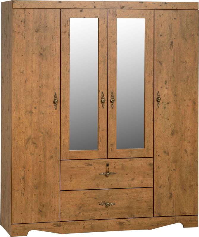 Cairo Mirrored Wardrobe (4 Door 2 Drawer) - DARK KENNEDY PINE