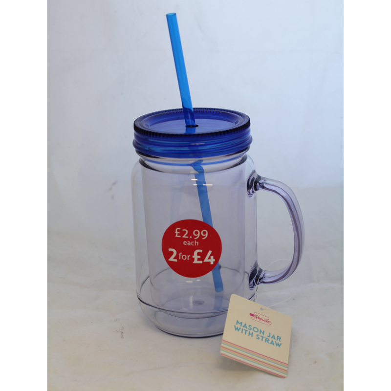 Mason Jar With Handle and Straw - Blue