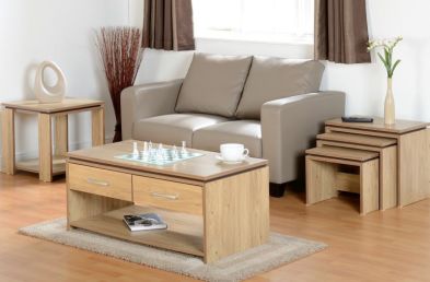 See more information about the Charles 2 Drawer Occasional Set in Oak Effect Veneer with Walnut Trim