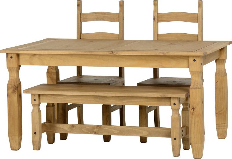 Corona 5ft Dining Set With 4ft Bench And 2 Chairs in Distressed Waxed Pine