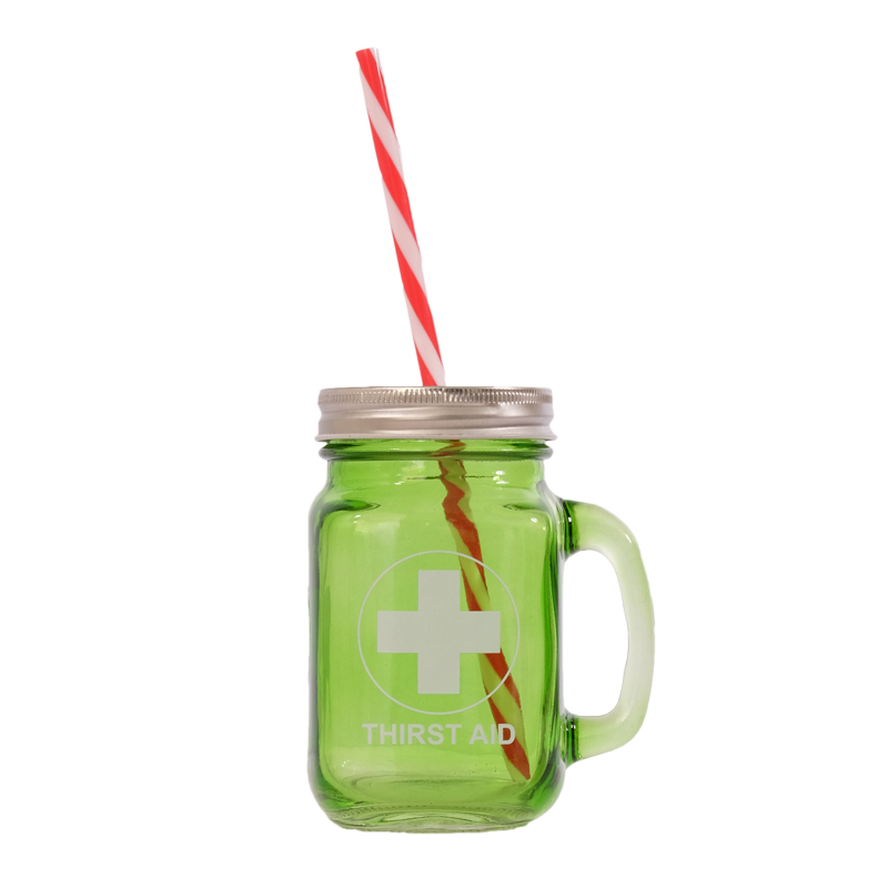 Green Glass Mason Jar with Handle, Lid and Straw