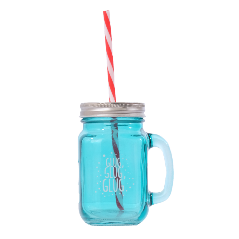 Teal Glass Mason Jar with Handle, Lid and Straw