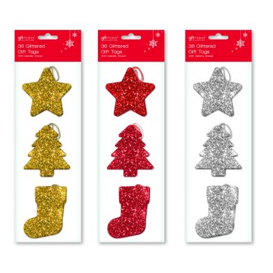 See more information about the 36 Glittered Gift Tags in Assorted Designs (Gold/Red/Silver)