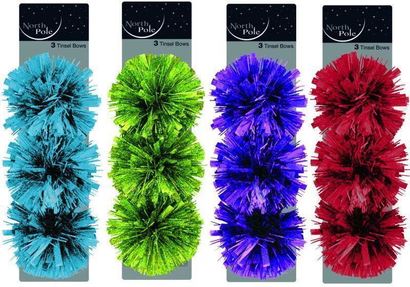 3Pc Tinsel Bows Brights